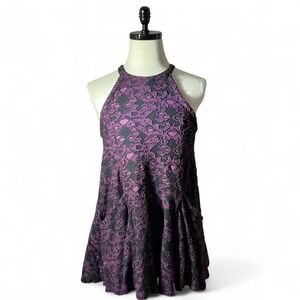 Free‎ People Purple Lace Halter Boho Flounce Soft Burnout Velvet Dress Gruge